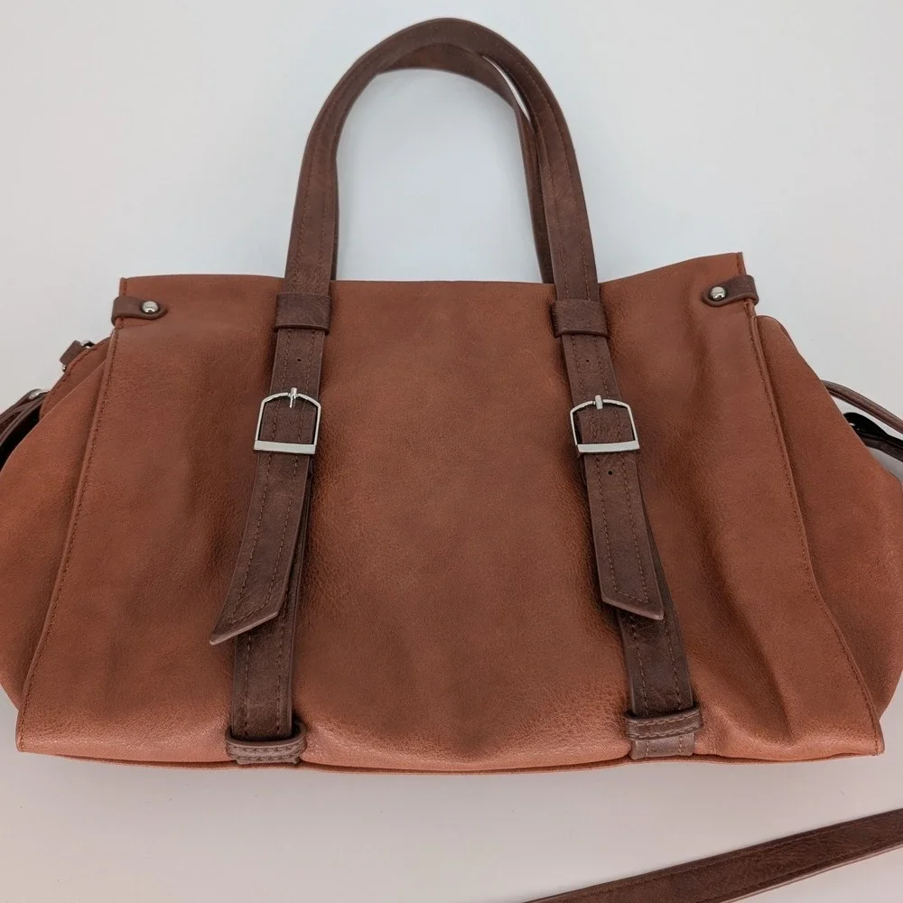 Chillx Satchel Bag Womens Large Brown Vegan Leather Buckle Crossbody Strap Boho